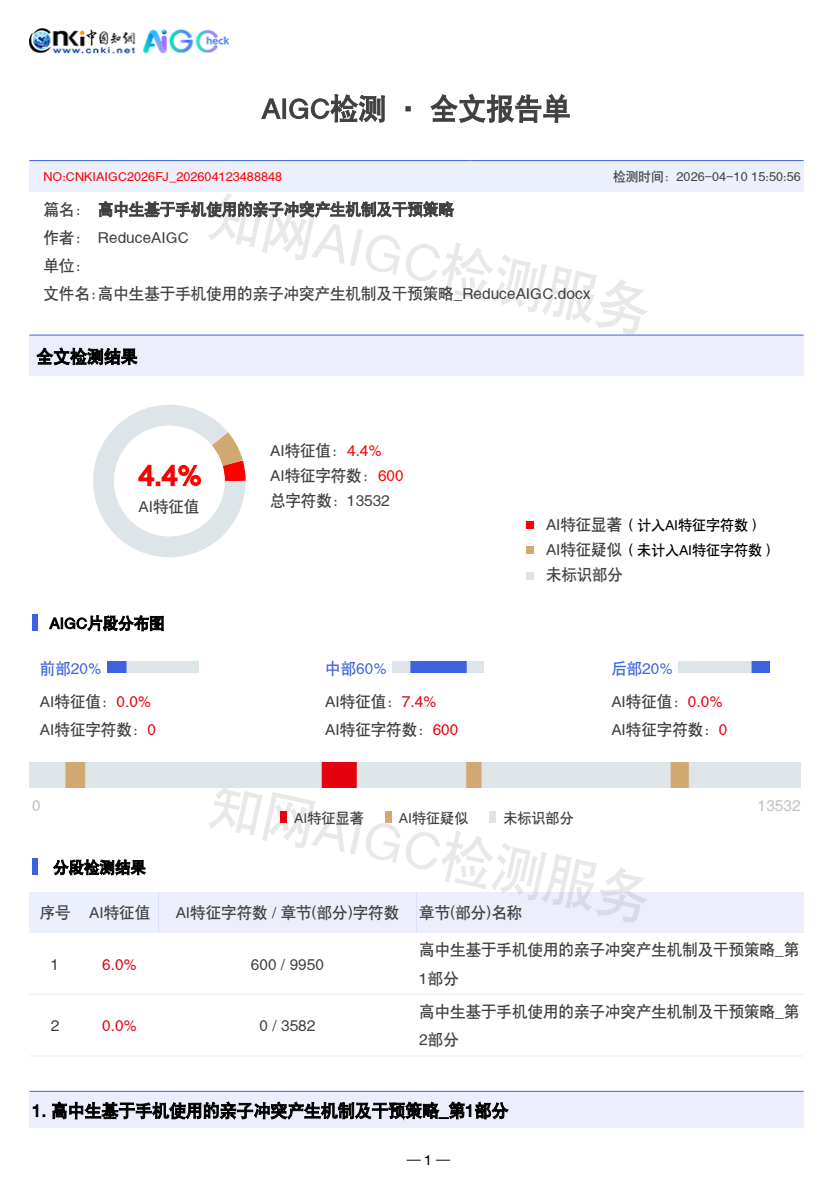知网处理后报告首页，AI特征值4.4%，总字符数13532